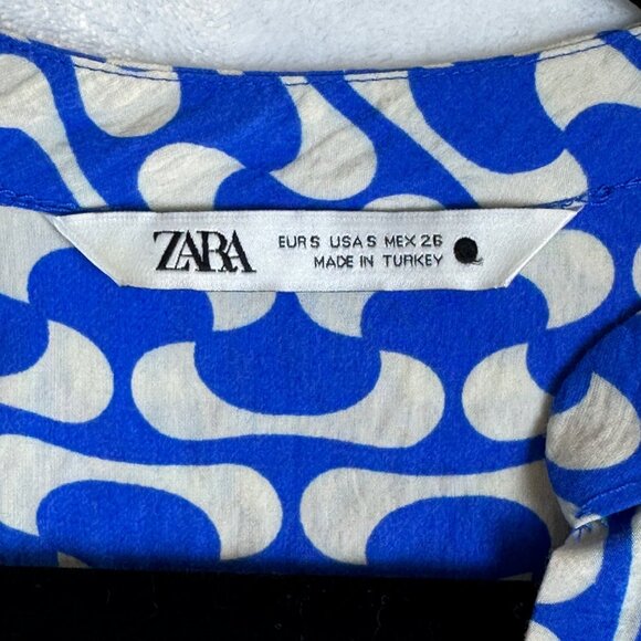 Zara Womens Blue White Flowy Dress With Belt Long Sleeves Ruffle Hem Size S - Picture 6 of 13